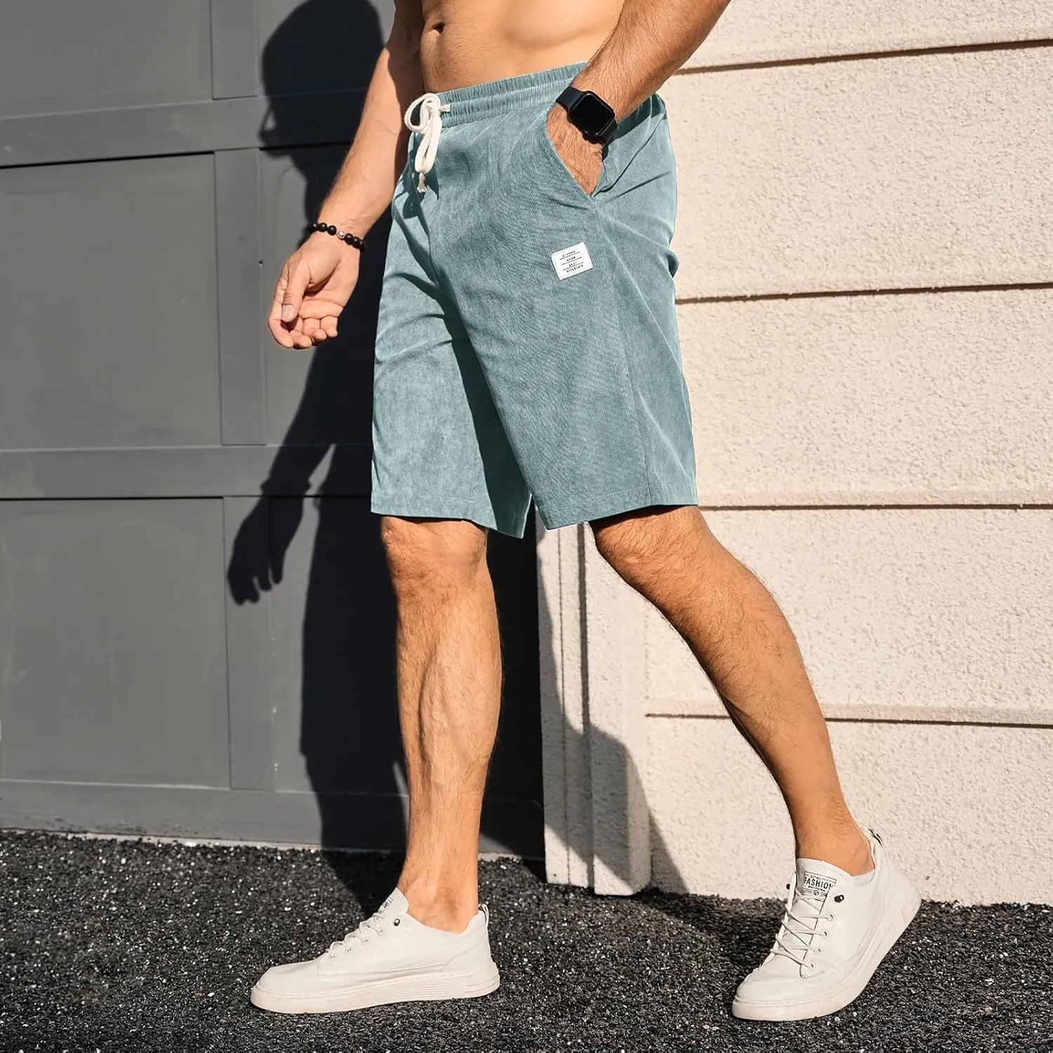 PLEPAN Mens Shorts 7 inch Corduroy Casual Short Drawstring Elastic Waist Lightweight Summer Beach Shorts Loose Fit