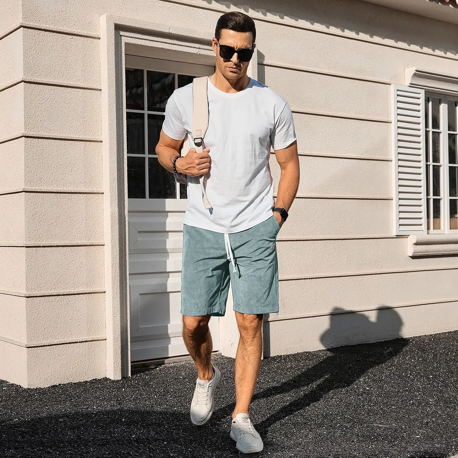 PLEPAN Mens Shorts 7 inch Corduroy Casual Short Drawstring Elastic Waist Lightweight Summer Beach Shorts Loose Fit