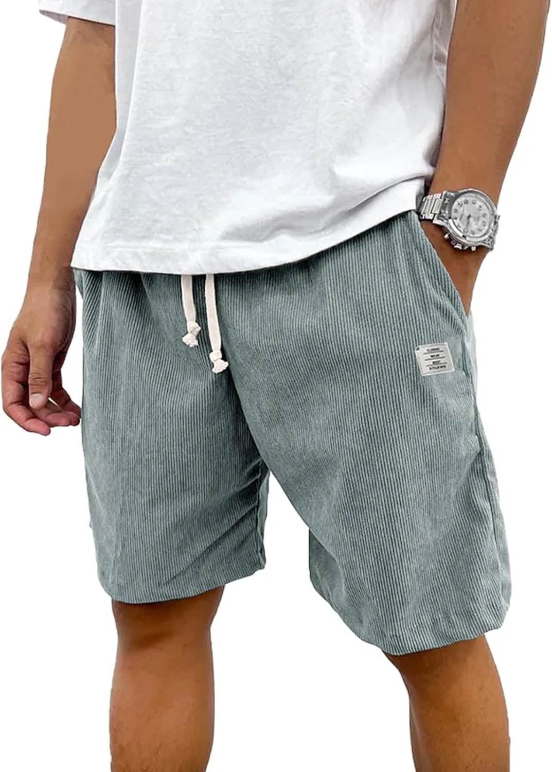 PLEPAN Mens Shorts 7 inch Corduroy Casual Short Drawstring Elastic Waist Lightweight Summer Beach Shorts Loose Fit