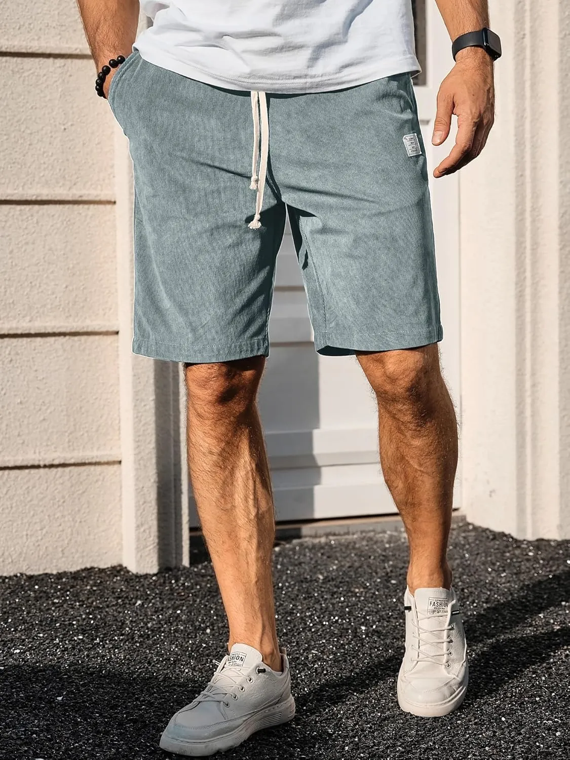 PLEPAN Mens Shorts 7 inch Corduroy Casual Short Drawstring Elastic Waist Lightweight Summer Beach Shorts Loose Fit