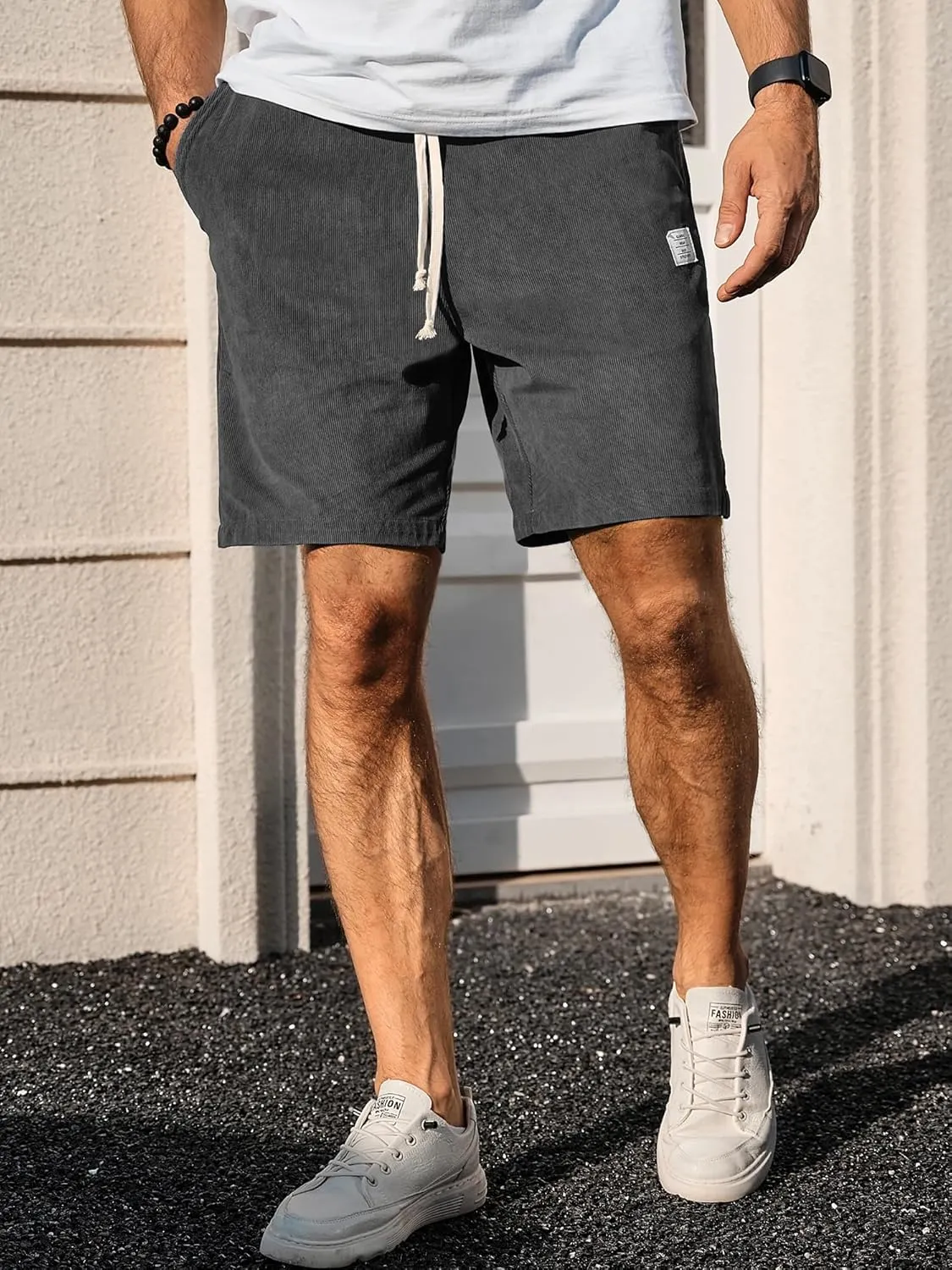 PLEPAN Mens Shorts 7 inch Corduroy Casual Short Drawstring Elastic Waist Lightweight Summer Beach Shorts Loose Fit