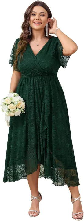 SCOMCHIC Womens Plus Size Wedding Guest Dress Formal Lace Faux Wrap V Neck High Low Short Sleeve Cocktail Maxi Dresses XL-4XL