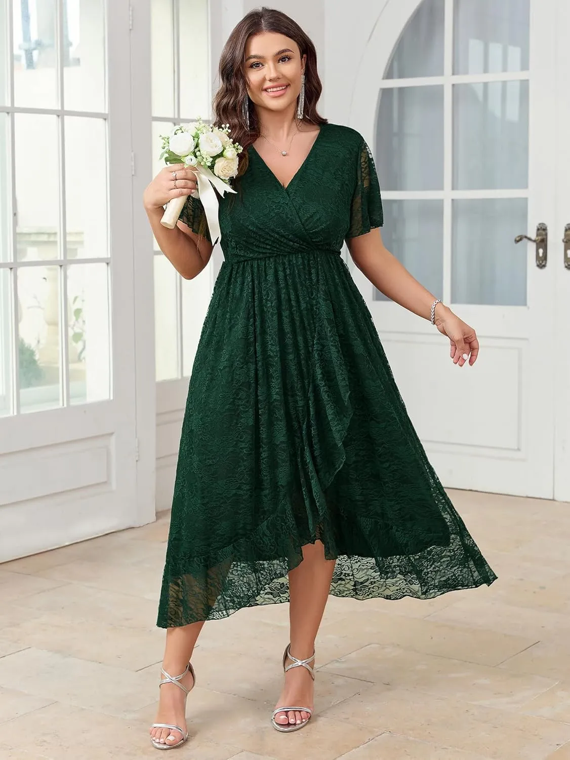 SCOMCHIC Womens Plus Size Wedding Guest Dress Formal Lace Faux Wrap V Neck High Low Short Sleeve Cocktail Maxi Dresses XL-4XL