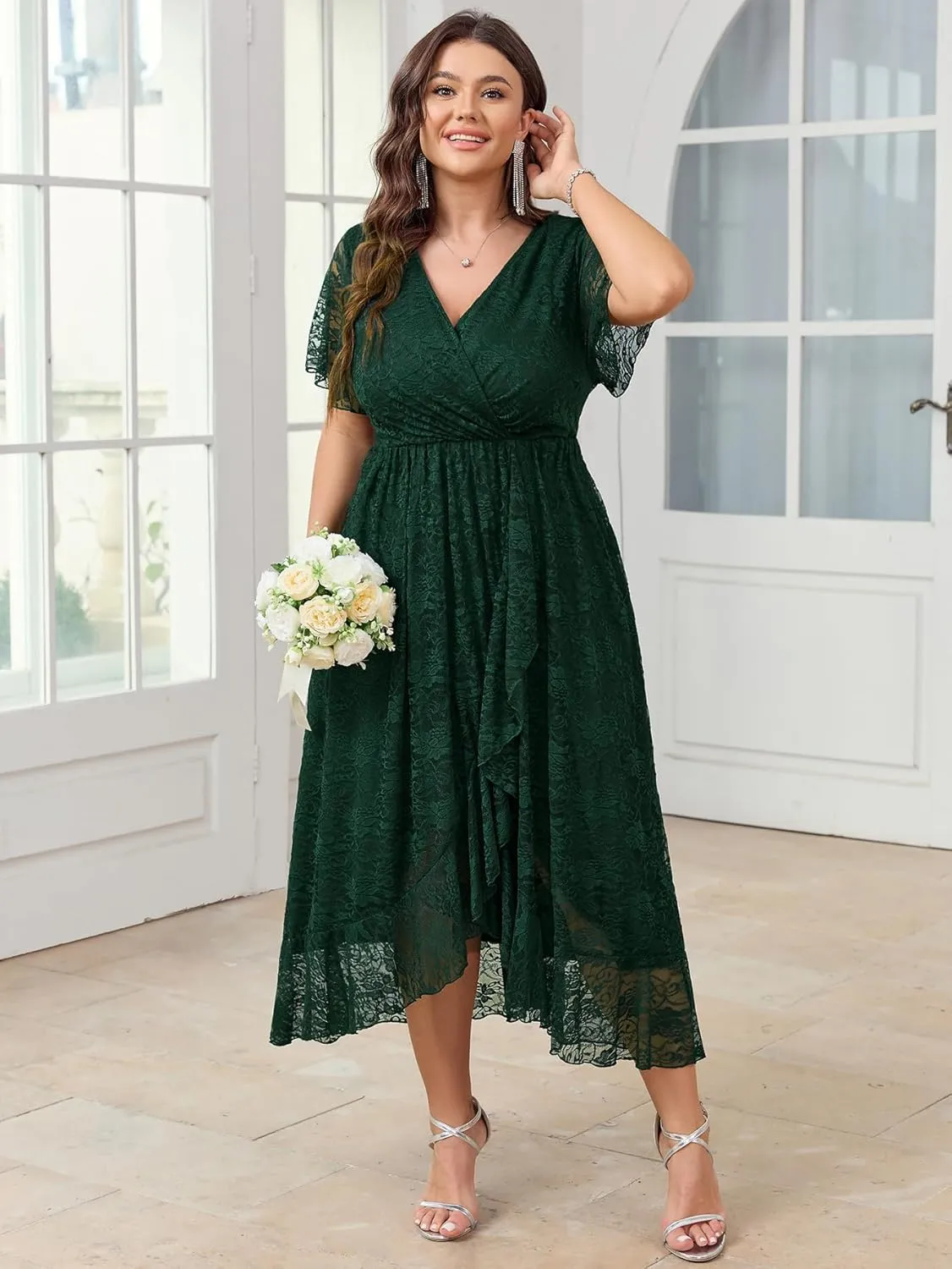 SCOMCHIC Womens Plus Size Wedding Guest Dress Formal Lace Faux Wrap V Neck High Low Short Sleeve Cocktail Maxi Dresses XL-4XL
