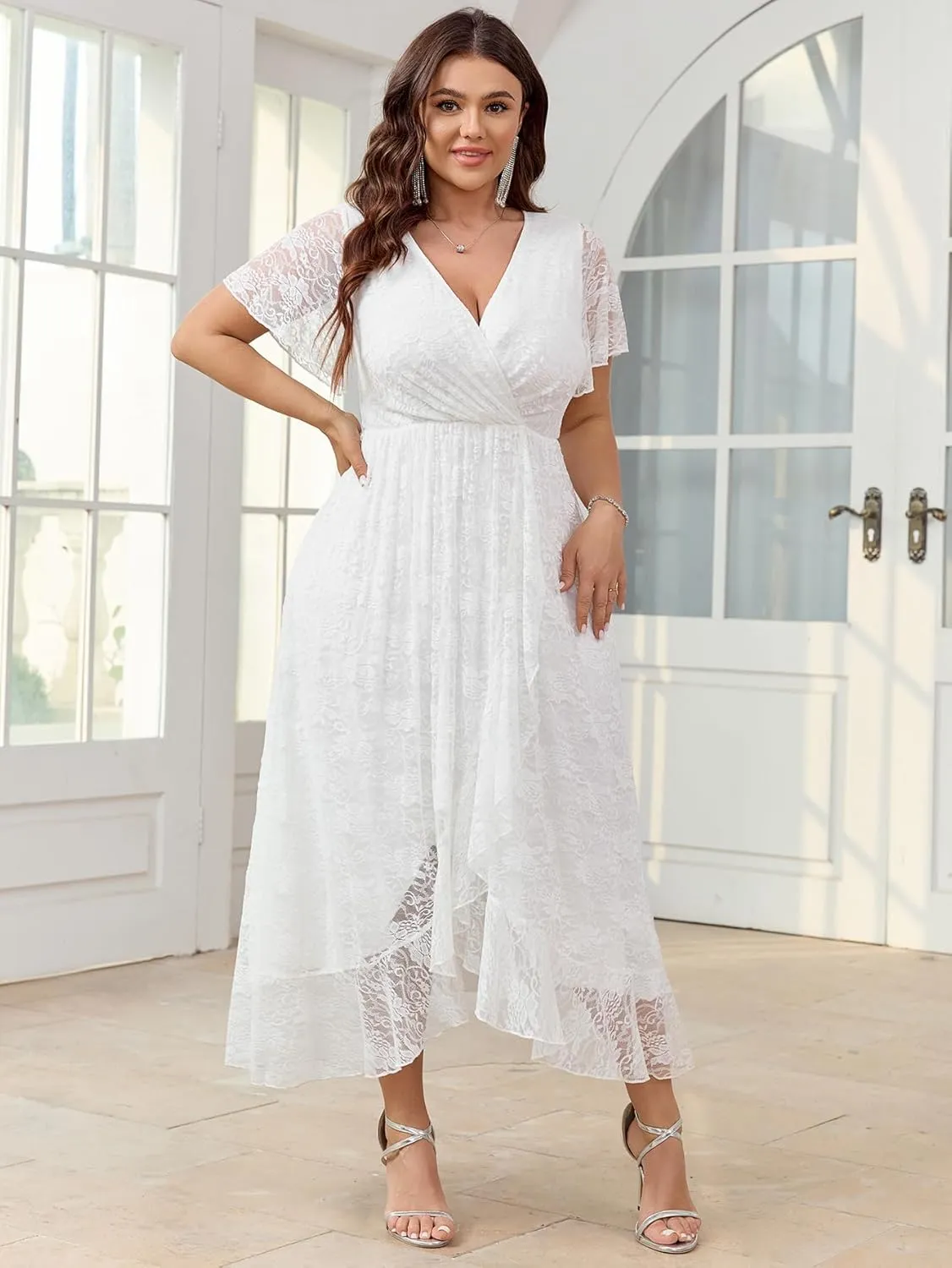SCOMCHIC Womens Plus Size Wedding Guest Dress Formal Lace Faux Wrap V Neck High Low Short Sleeve Cocktail Maxi Dresses XL-4XL
