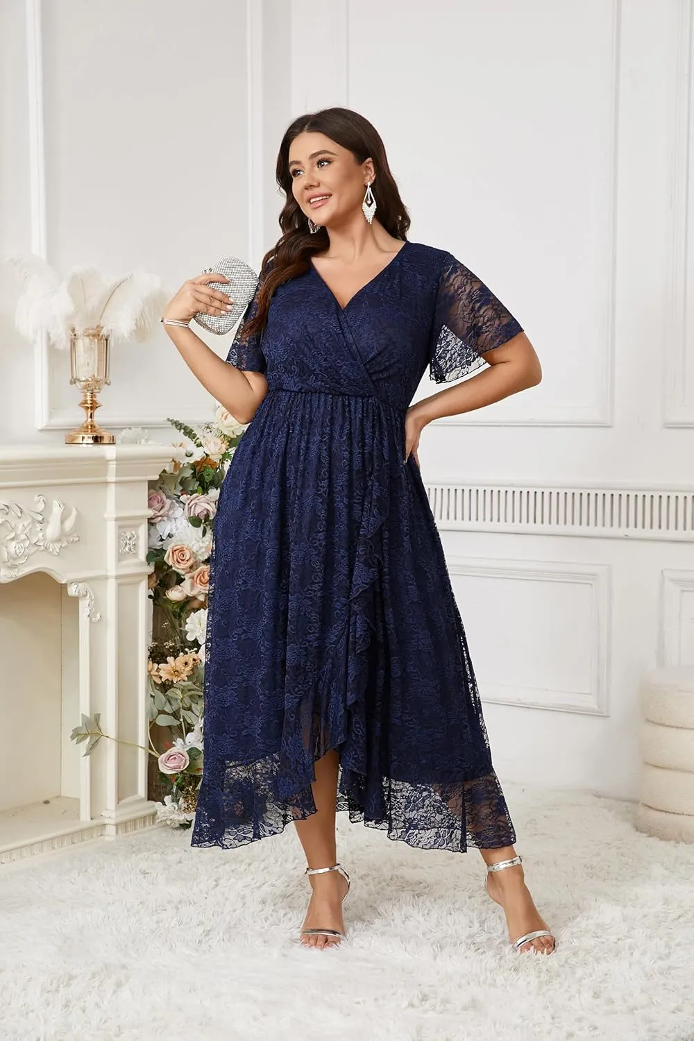 SCOMCHIC Womens Plus Size Wedding Guest Dress Formal Lace Faux Wrap V Neck High Low Short Sleeve Cocktail Maxi Dresses XL-4XL