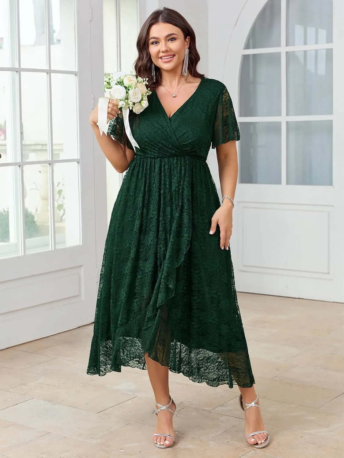 SCOMCHIC Womens Plus Size Wedding Guest Dress Formal Lace Faux Wrap V Neck High Low Short Sleeve Cocktail Maxi Dresses XL-4XL