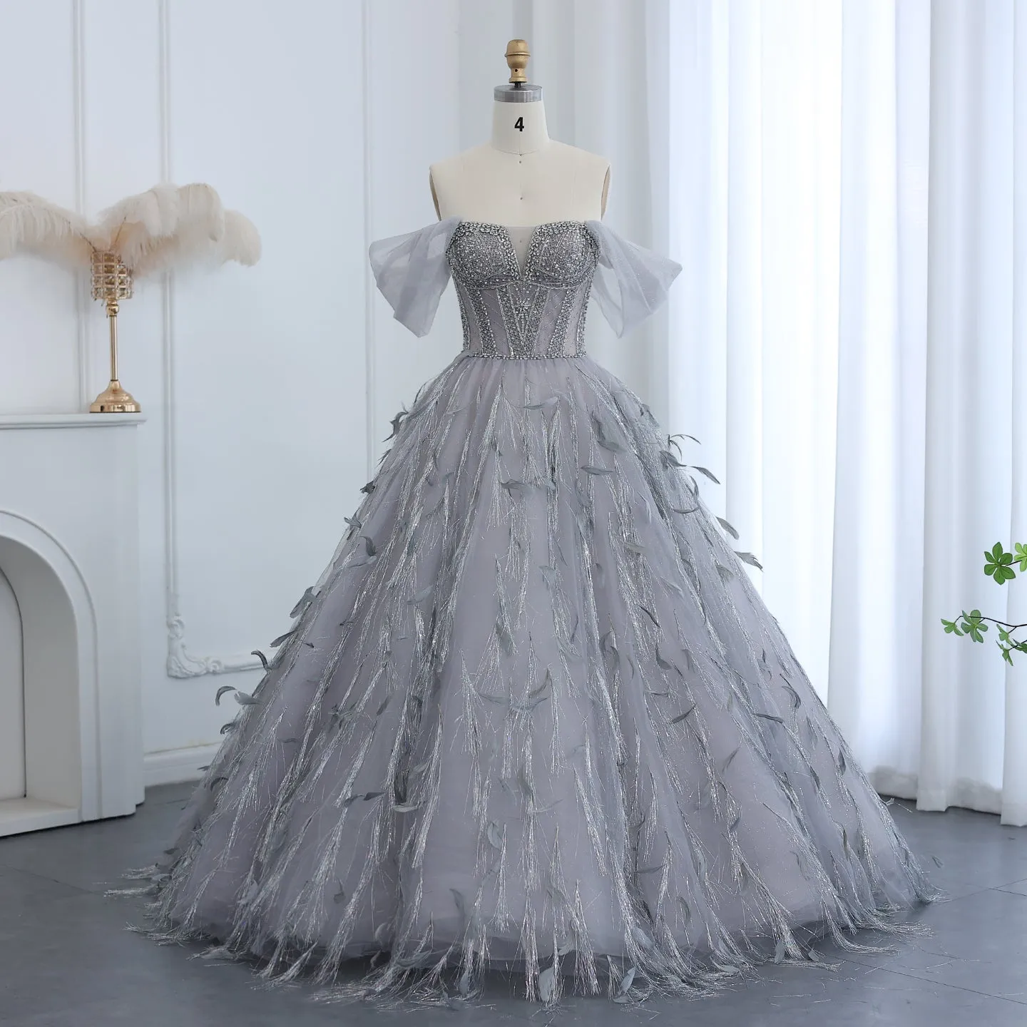 Sparkling Silver Tassel Ball Gown Evening Dress SS534