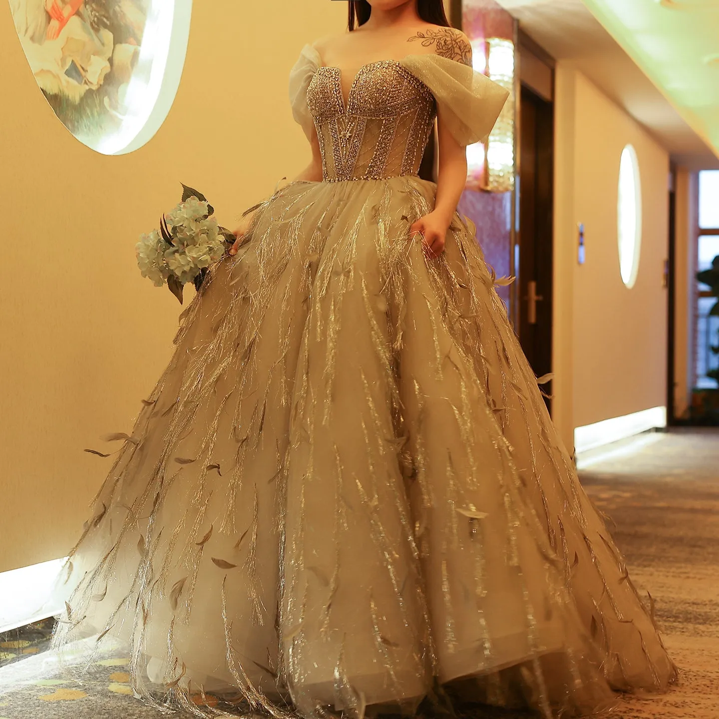 Sparkling Silver Tassel Ball Gown Evening Dress SS534
