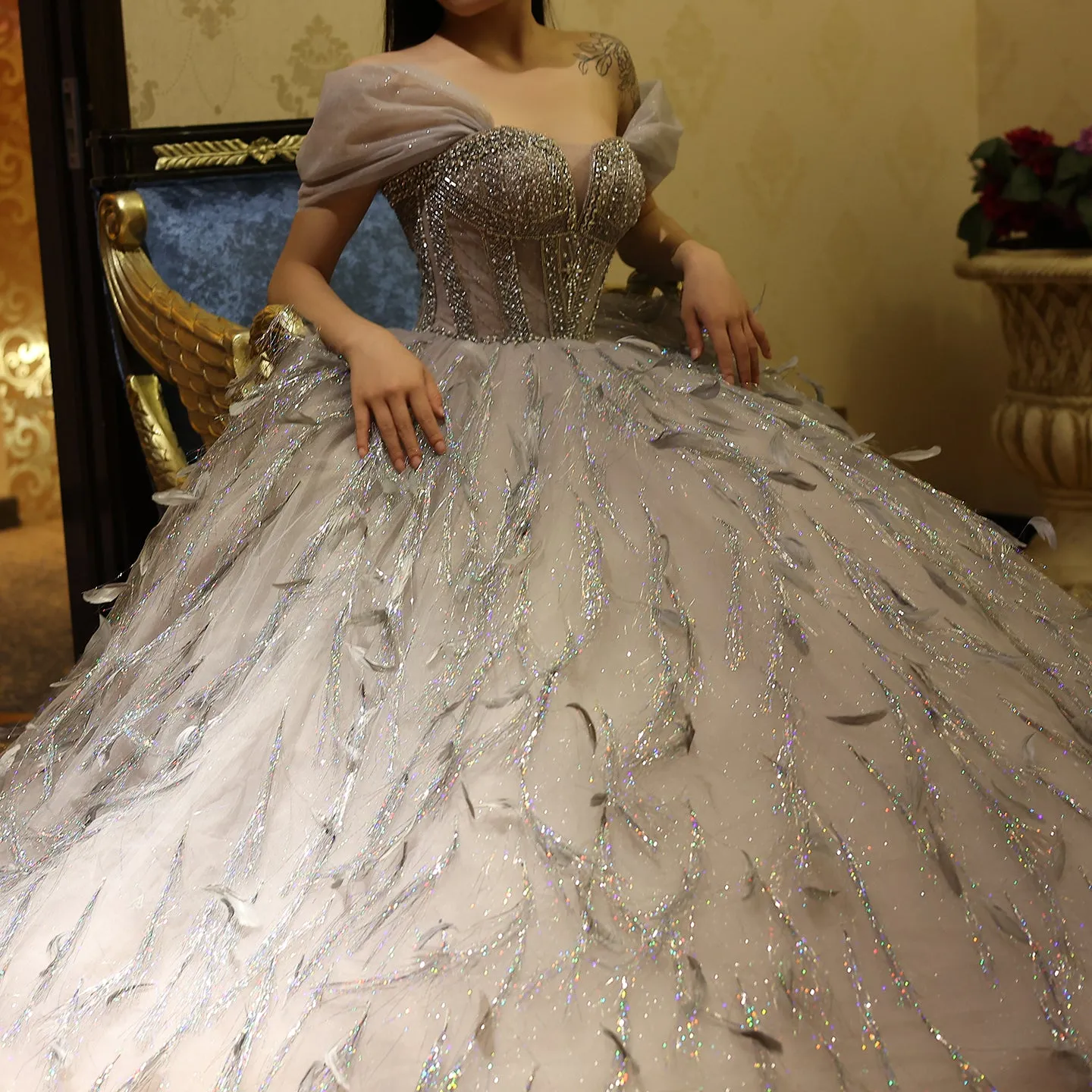 Sparkling Silver Tassel Ball Gown Evening Dress SS534