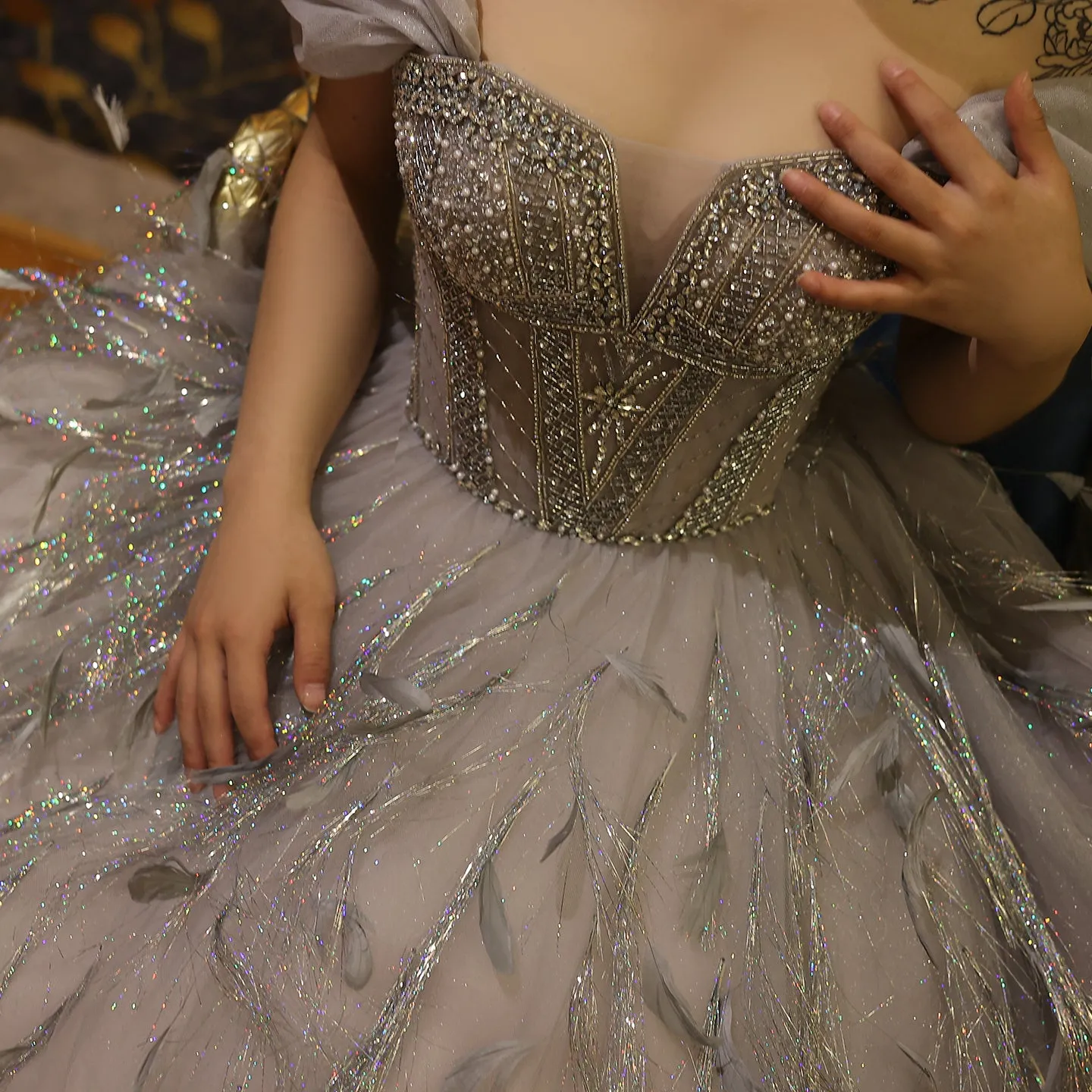 Sparkling Silver Tassel Ball Gown Evening Dress SS534