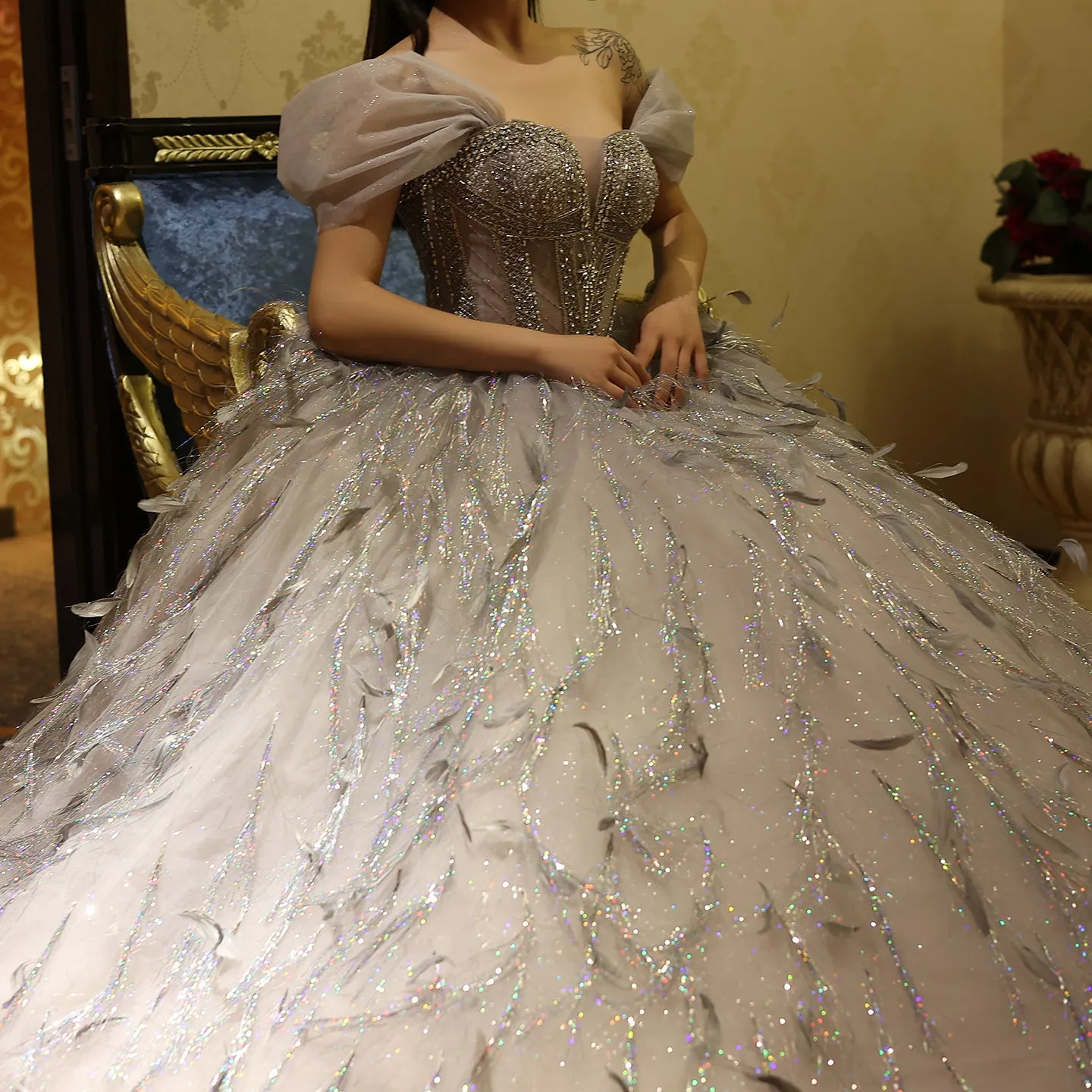 Sparkling Silver Tassel Ball Gown Evening Dress SS534
