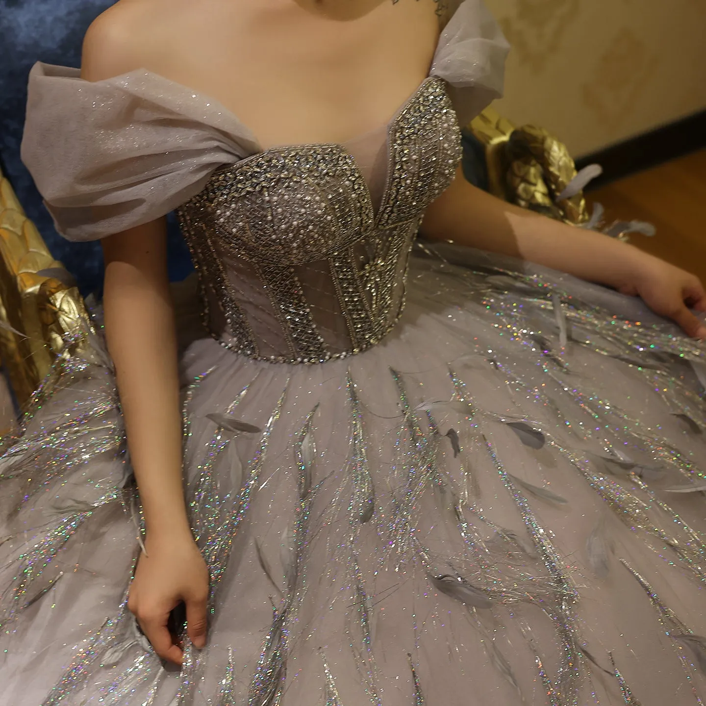 Sparkling Silver Tassel Ball Gown Evening Dress SS534
