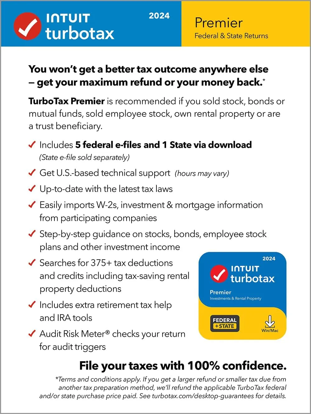 TurboTax Premier 2024 Tax Software, Federal & State Tax Return [PC/MAC Download]