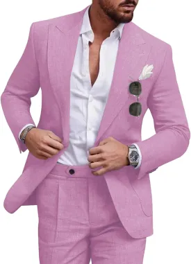 UNINUKOO Linen Suit for Men Summer Wedding 2 Piece Suit Set Peak Lapel Casual Blazer Pants Beach Wear for Men