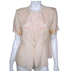 Vintage 1940s Unused Embroidered Pink Silk Blouse NOS Chinese Store Size M L