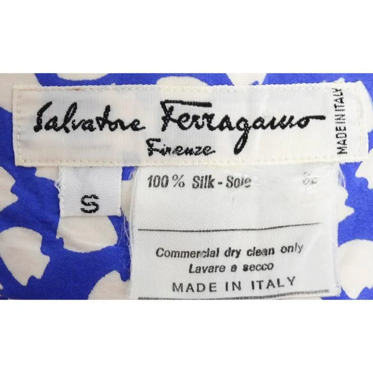 Vintage Ferragamo Blue Skirt & Blouse Silk Dress Arrowhead Novelty Print