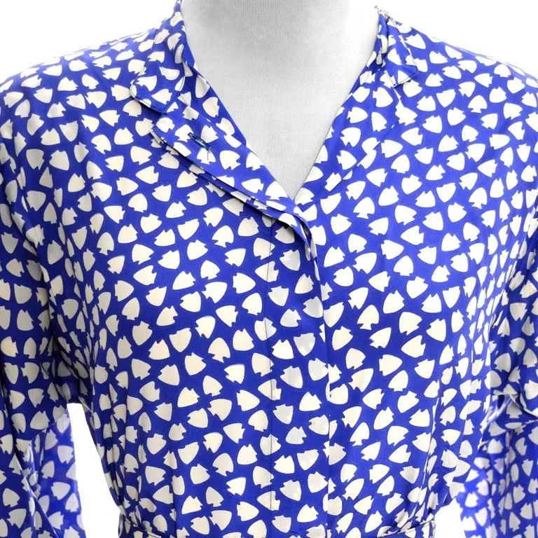 Vintage Ferragamo Blue Skirt & Blouse Silk Dress Arrowhead Novelty Print