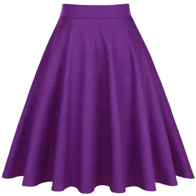 Women High Waist Midi Skirt Summer Vintage Style Cotton Solid Color Purple Ladies A Line Flare Swing Pin Up Rockabilly Skirts