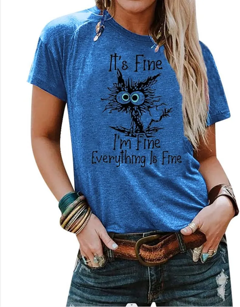 Women's I'm Fine Everything is Fine T-Shirts Short Sleeve Sayings Oversized Casual Cute Cat Graphic Tee Blouse Tops