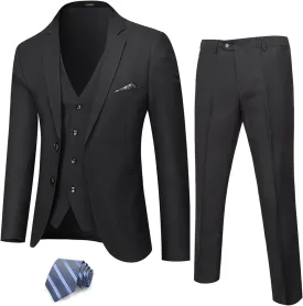 YND Men's Slim Fit 2 Button 3 Piece Suit Set, Solid Blazer Jacket Vest Pants & Tie